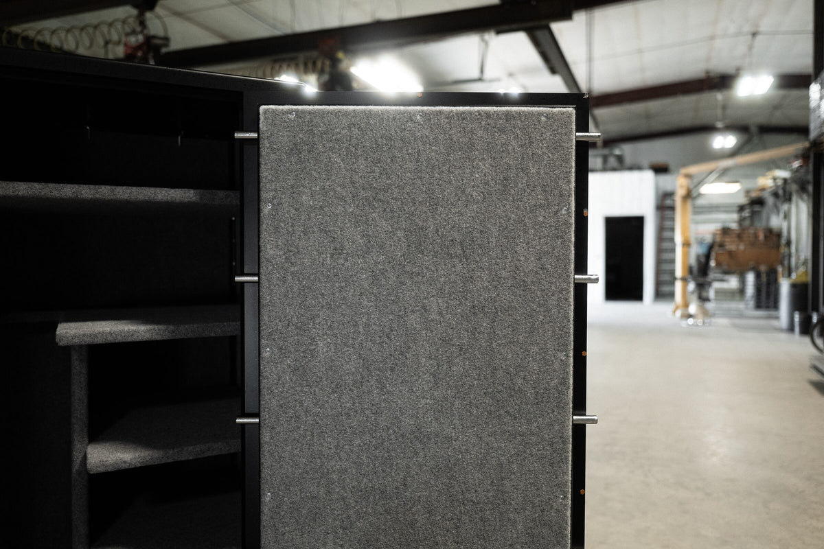 Carpeted door panel and hinge pins