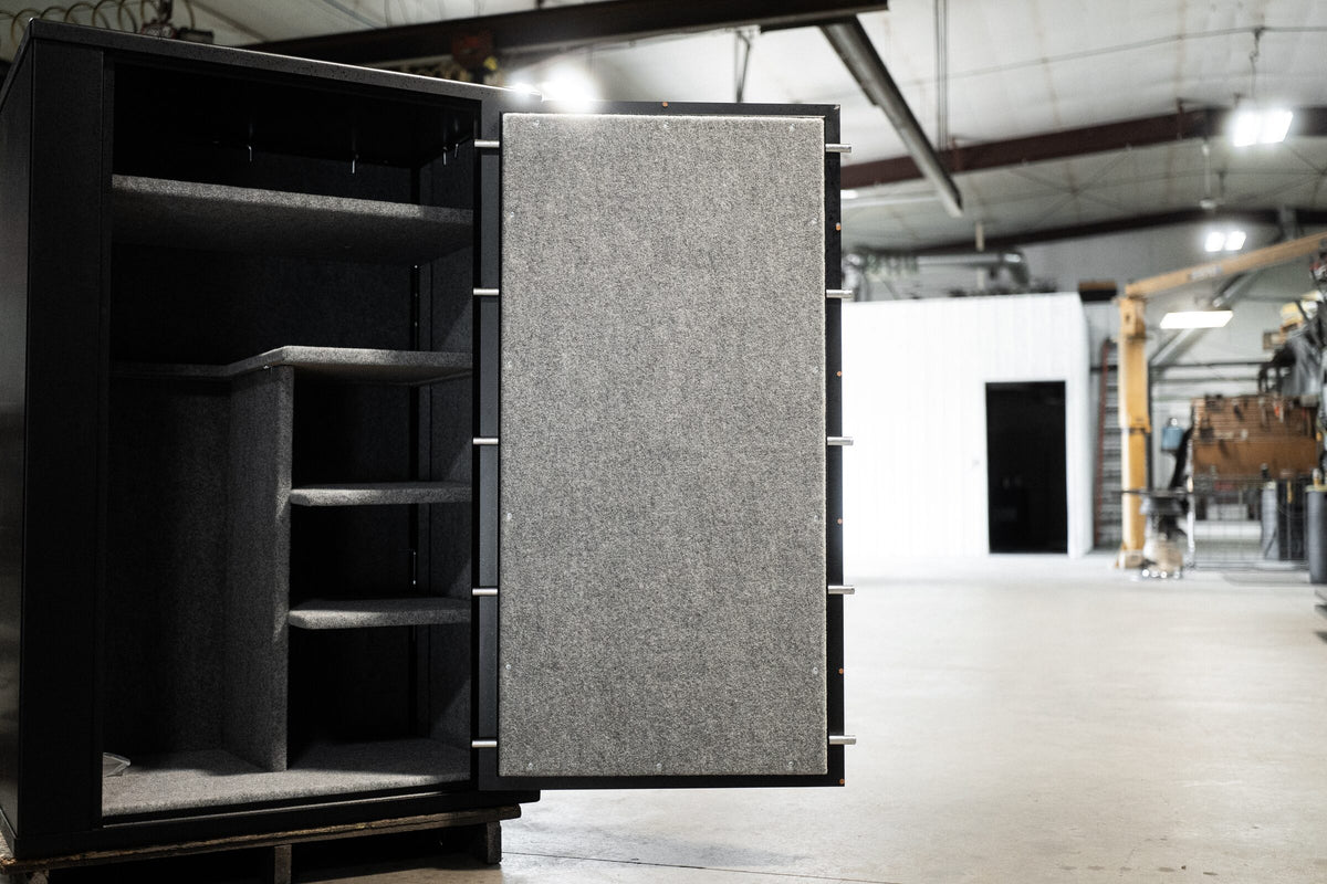Close view inside the open safe